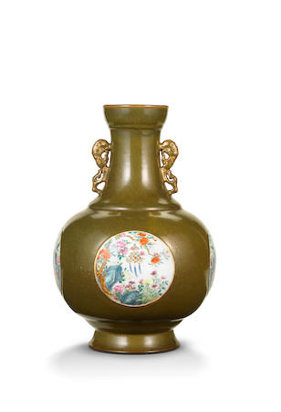 An exceptionally rare Imperial teadust-ground famille rose vase