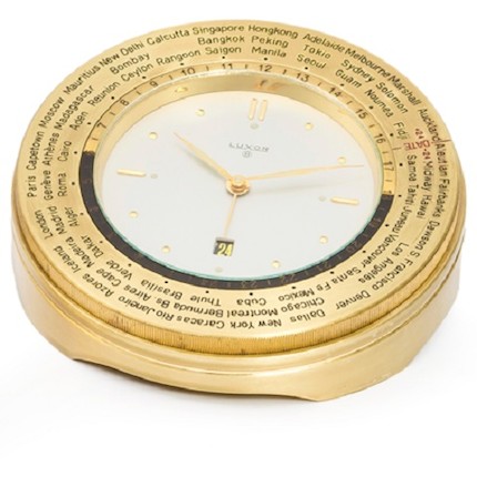 Bonhams : Luxor. A gilt metal keyless wind 8 day calendar alarm desk ...