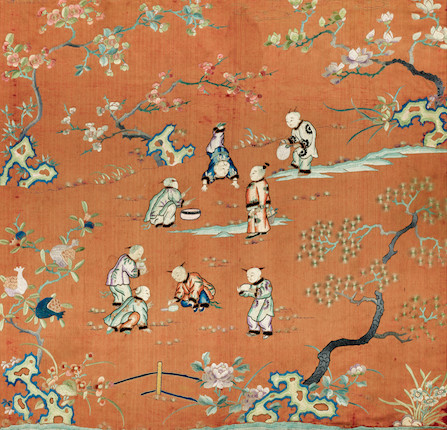 Bonhams : Two red-ground embroidered 'hundred boys' panels Qing Dynasty (2)