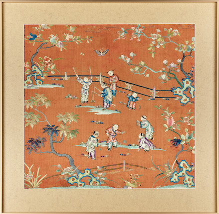 Bonhams : Two red-ground embroidered 'hundred boys' panels Qing Dynasty (2)