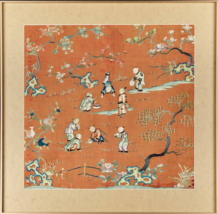 Bonhams : Two red-ground embroidered 'hundred boys' panels Qing Dynasty (2)