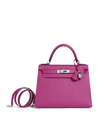 HERMES Kelly 28 Shoulder Handbag Raisin Purple Box Calfskin Leather
