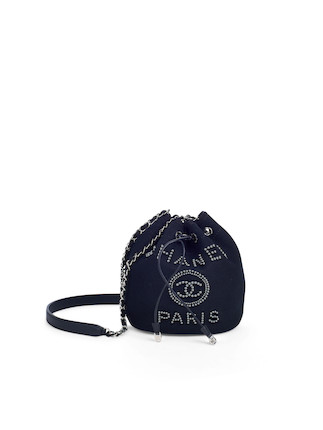 Bonhams : CHANEL BLACK EMBROIDERY STRIPED DEAUVILLE DRAWSTRING BUCKET BAG (includes  serial sticker, authenticity card, original dust bag)