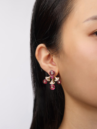 Bonhams : BULGARI A PAIR OF AMETHYST, TOURMALINE AND DIAMOND 'DIVAS' DREAM'  EARRINGS