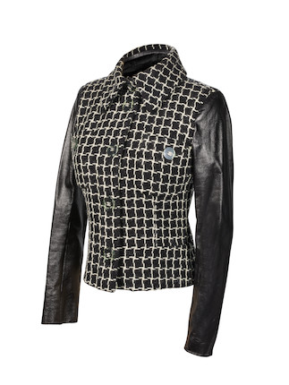 Bonhams : CHANEL BLACK AND WHITE TWEED JACKET WITH LAMBSKIN SLEEVES