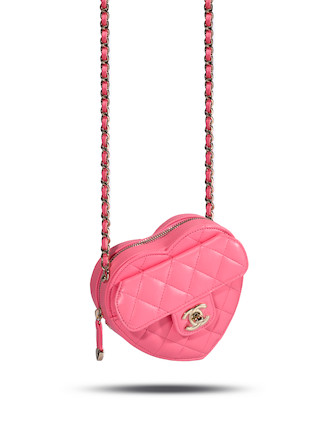 Bonhams : CHANEL PINK QUILTED LAMBSKIN CC IN LOVE HEART BAG WITH GOLD TONED  CHAIN (includes authenticity card, serial sticker, felt protector, original  dust bags and original box)