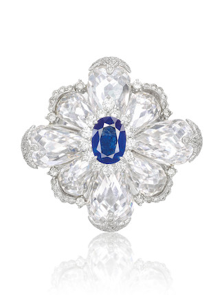 SAPPHIRE, QUARTZ AND DIAMOND BROOCH image 1
