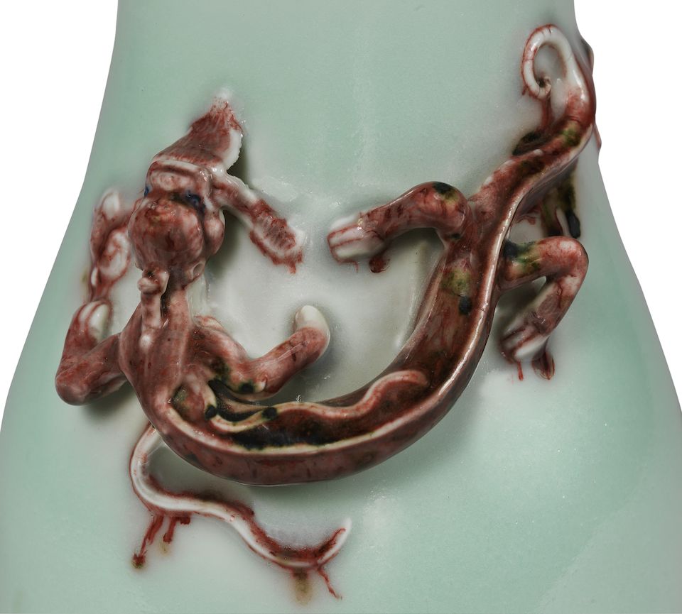 A very rare Imperial celadon and copper-red glazed 'chilong' vase, zun Qianlong seal mark and of the period
