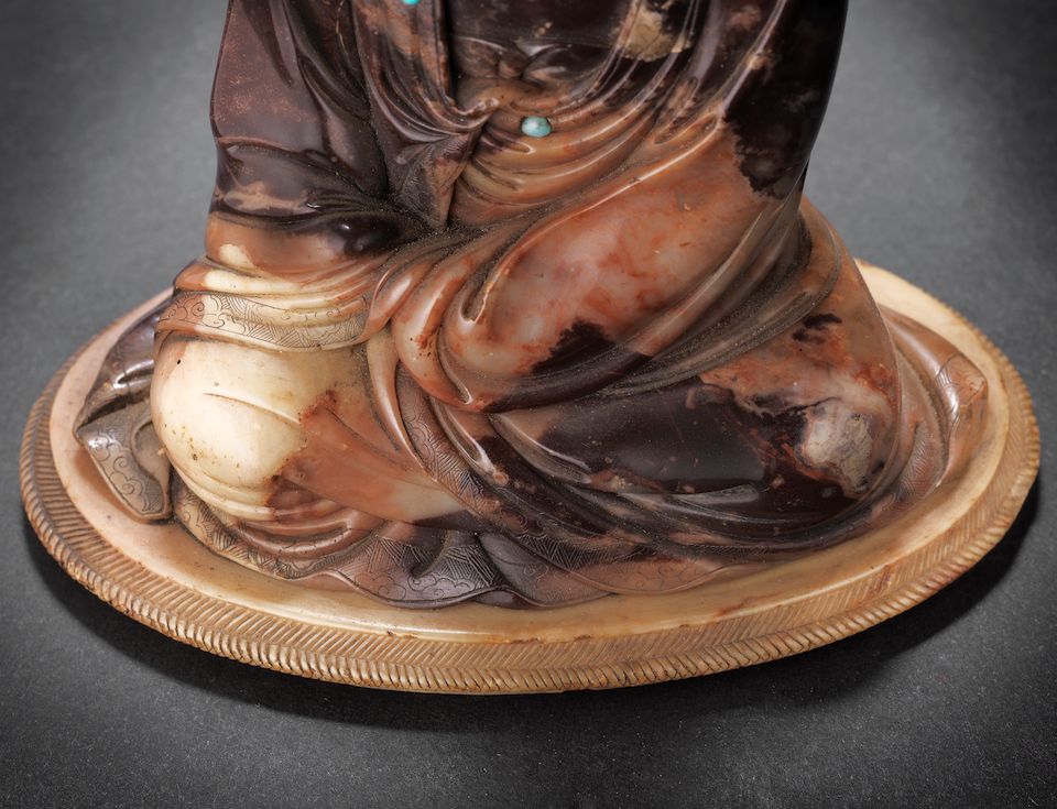 A rare soapstone figure of the luohan Ajita By Zixiu, incised two-character mark, 17th century