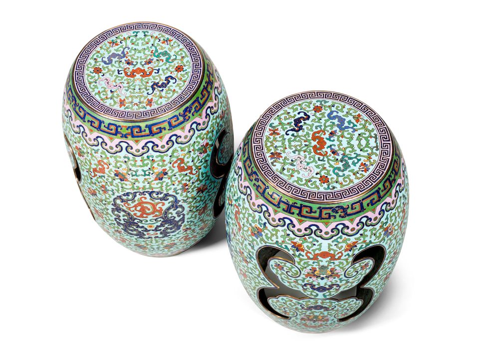 A rare pair of Imperial champlevé enamel openwork garden seats Qianlong (2)