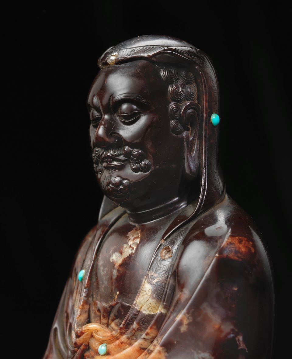 A rare soapstone figure of the luohan Ajita By Zixiu, incised two-character mark, 17th century