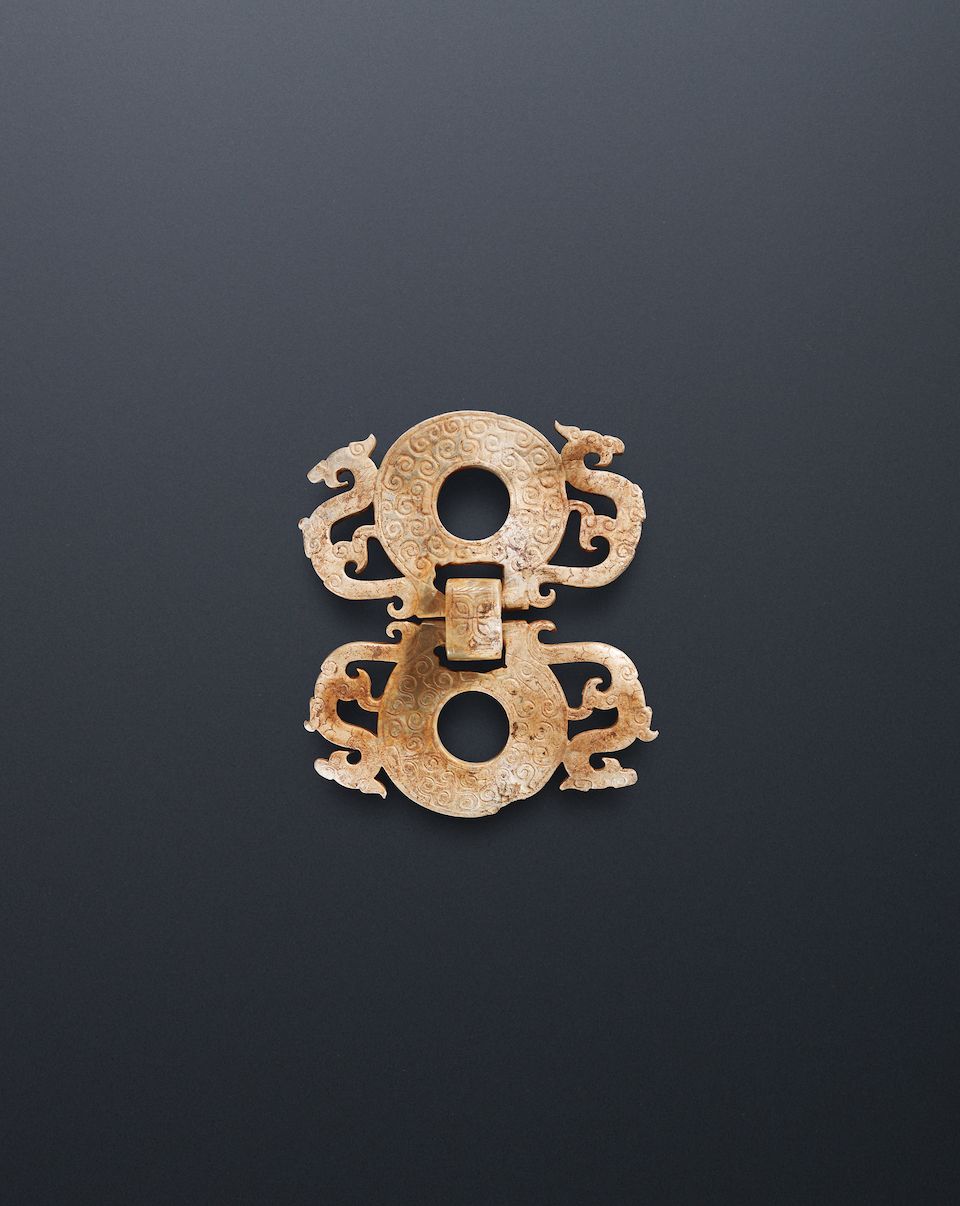 A very rare jade conjoined double bi-disc Warring States Period
