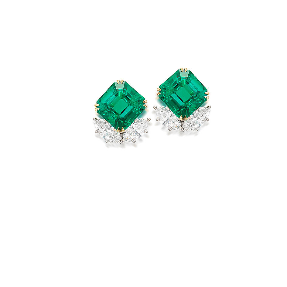Bonhams : A Fine Pair of Emerald and Diamond Earrings, by Harry Winston