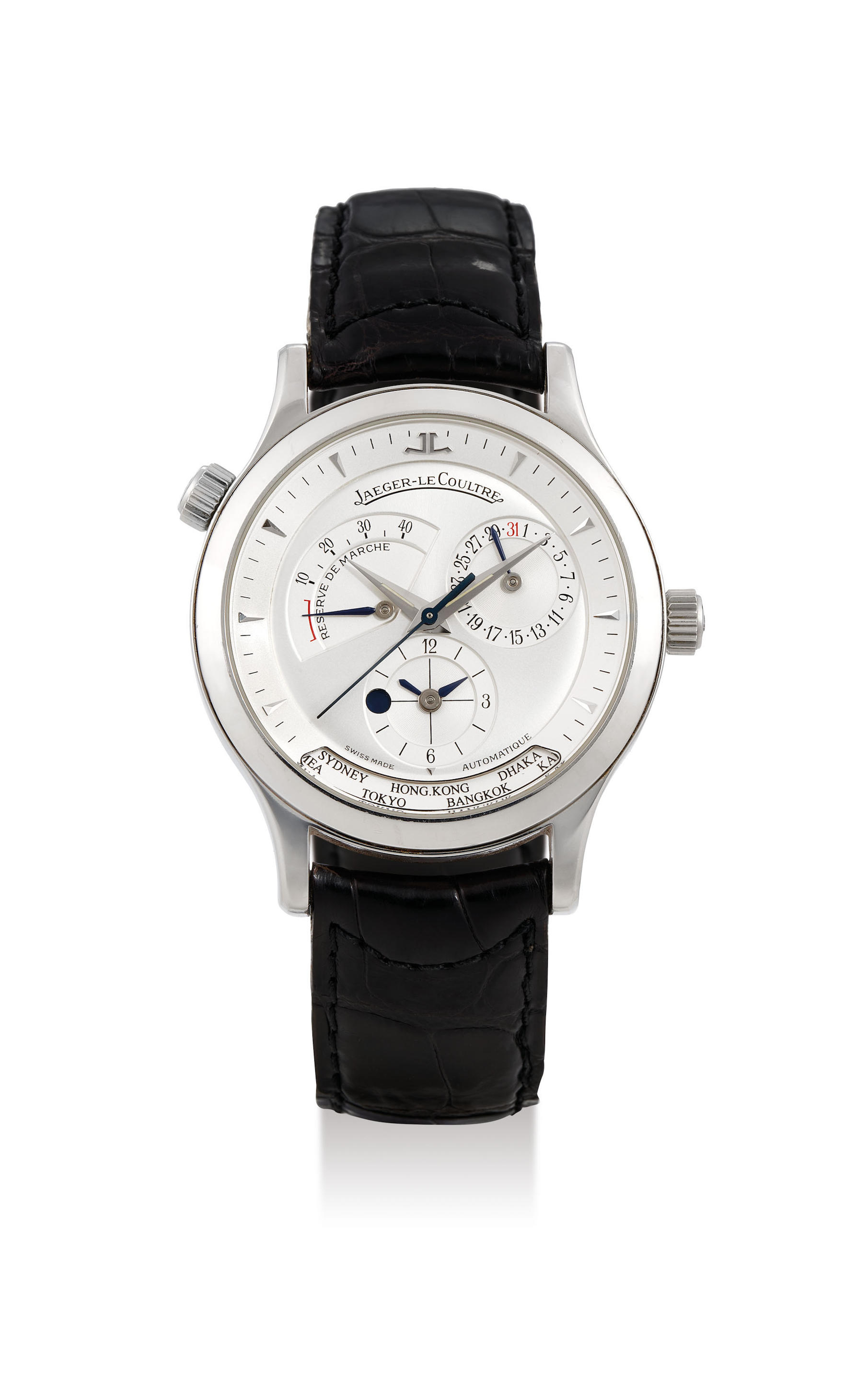 Jaeger-LeCoultre. A Stainless Steel World Time Wristwatch with date, power...