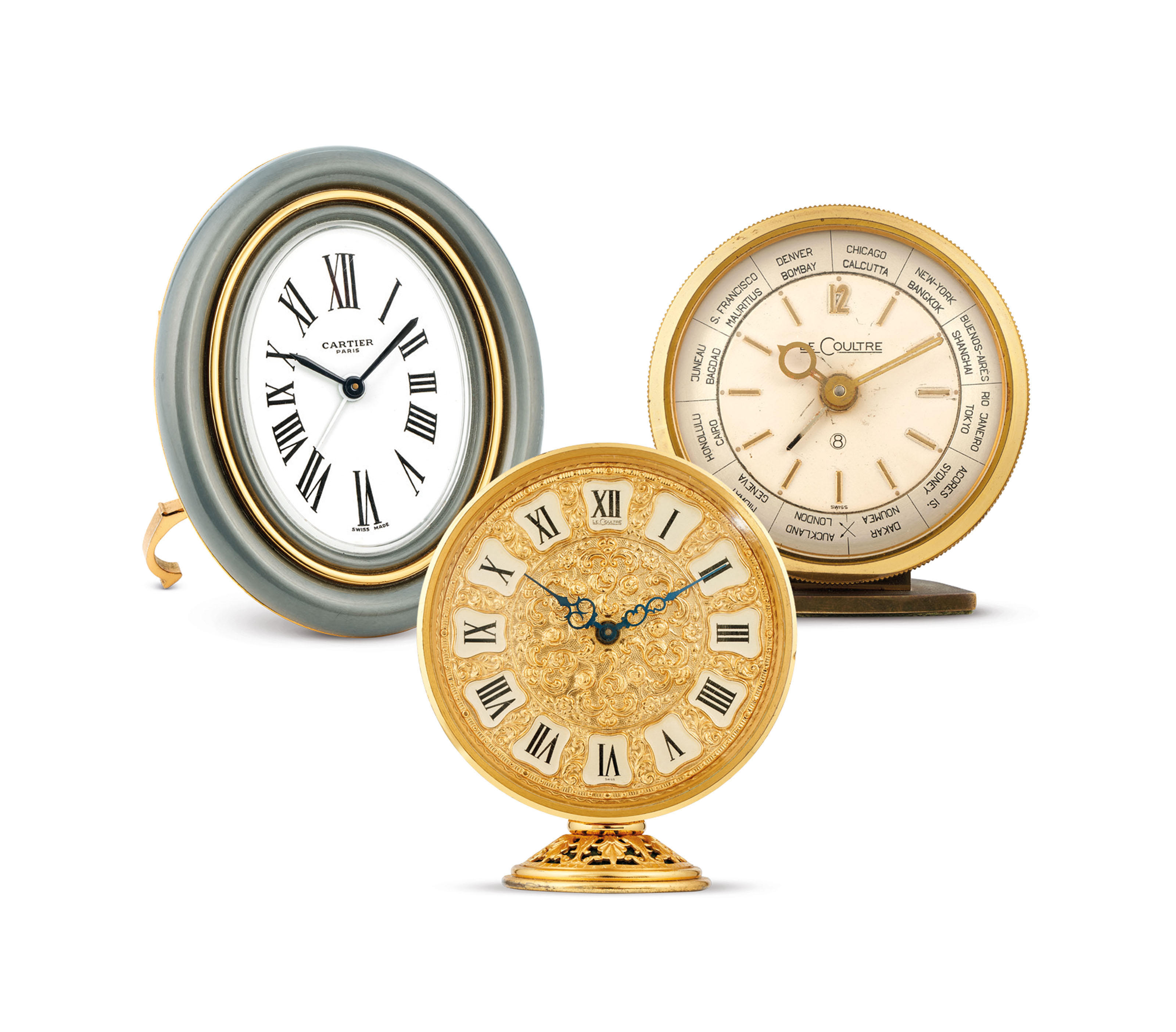 Cartier & LeCoultre. A group of three gilt brass table clocks (Alarm/Alarm...