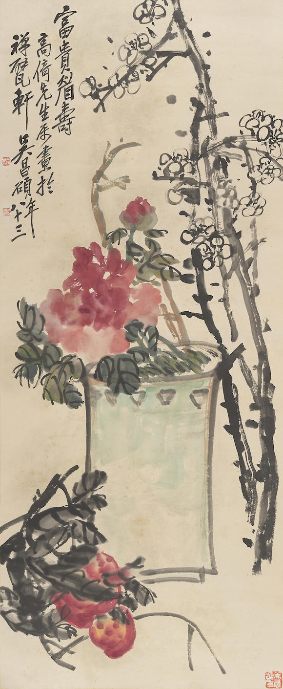 Bonhams : Wu Changshuo (1844-1927) Peony, Plum Blossom and Peaches