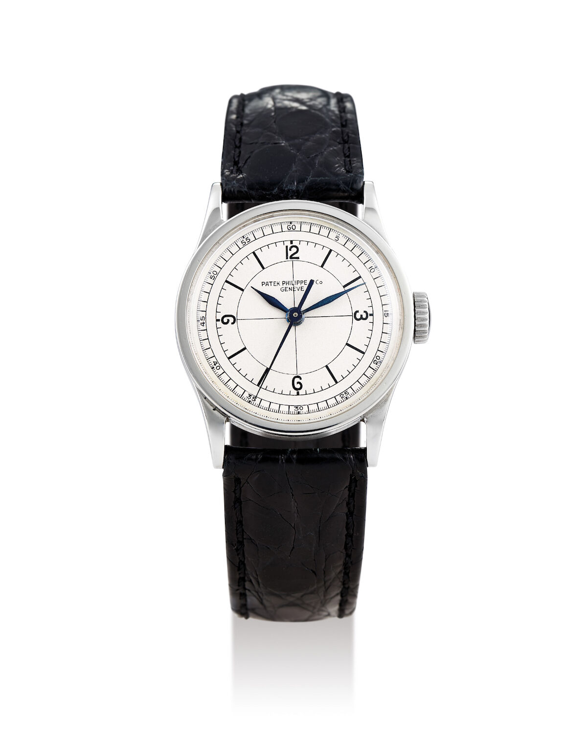 Steel ref. 96 from 1936 with silvered sector dial: concentric hour and minute rings, black Arabic 12-3-6-9, blued hands and a centre seconds hand. · Photo: Bonhams · © Bonhams, used with permission · Source: https://www.bonhams.com/auction/25282/lot/907/patek-philippe-a-stainless-steel-calatrava-with-sector-dial-ref-96-case-no-613255-movement-no827143/
