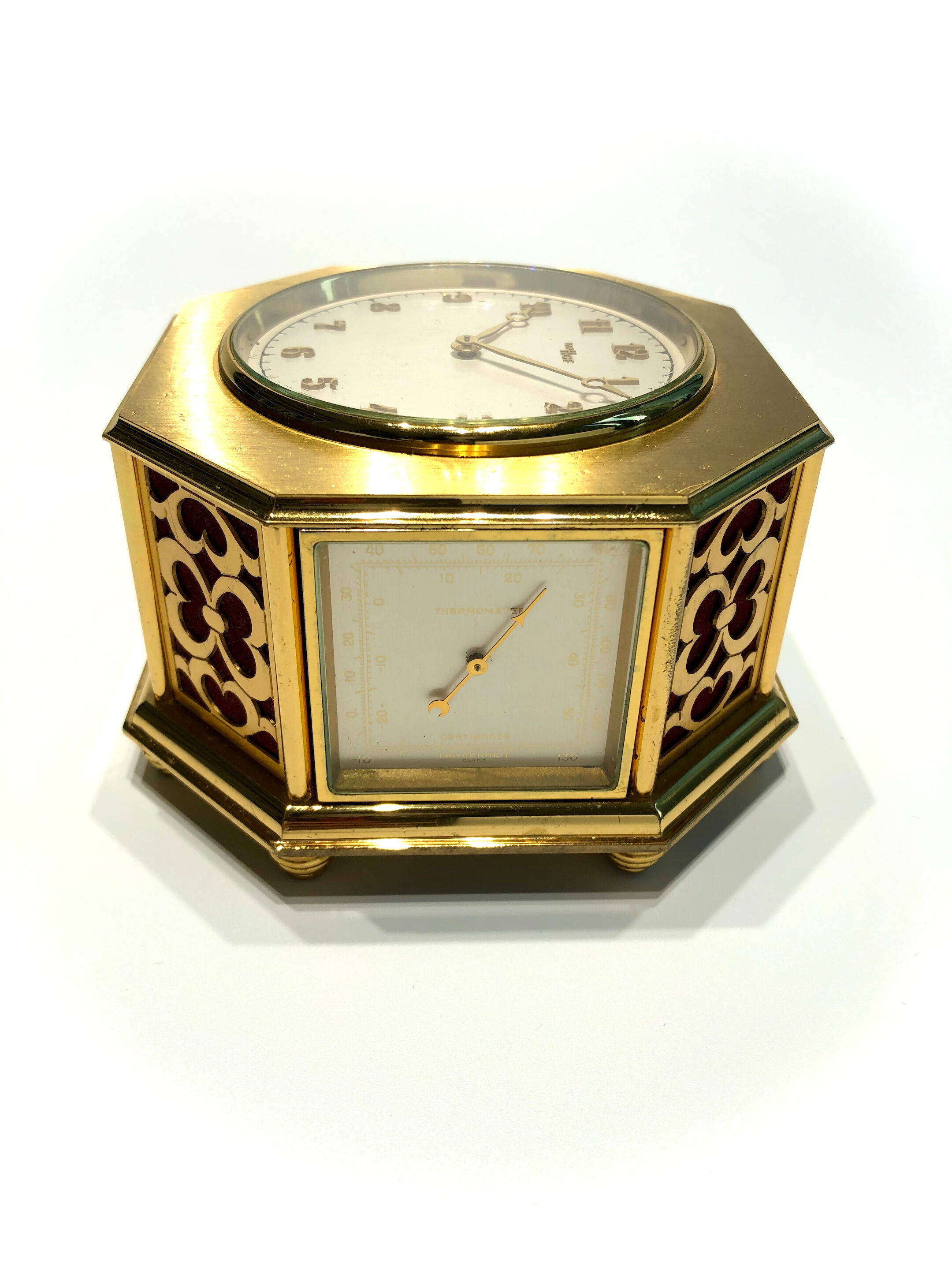 Bonhams Imhof A Brass Desk Clock with Barometer, hygrometer and