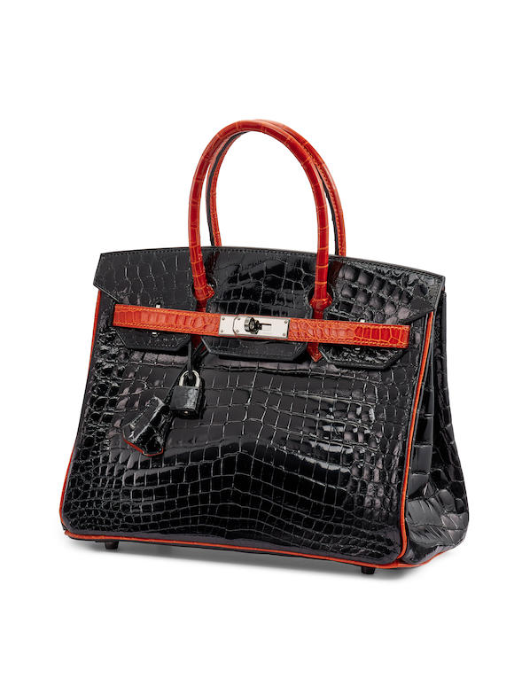 Bonhams : Hermès Black and Orange H Shiny Crocodile Birkin 30, 2007,  (Includes padlock, keys, cloche, dust bag and box)