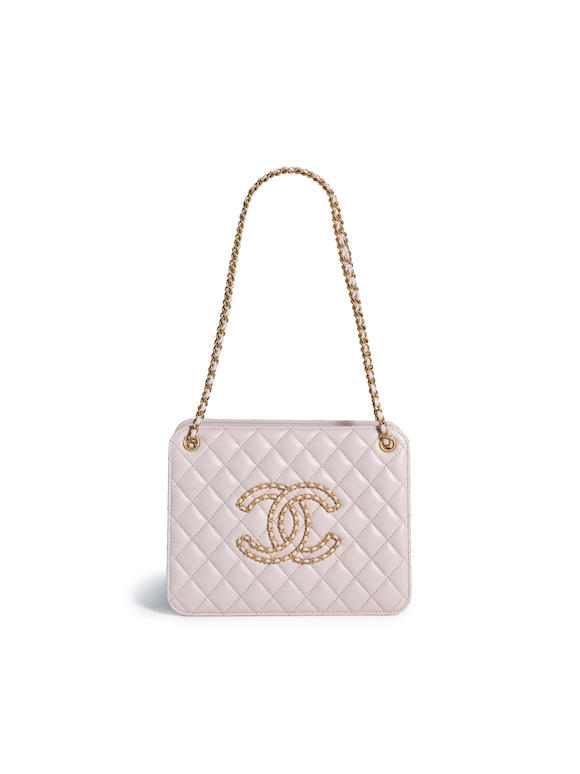 Bonhams : CHANEL LIGHT PINK LAMBSKIN PHONE BAG VANITY CASE WITH GOLD TONED  CHAIN (includes serial sticker, authenticity card, original dust bag and box )