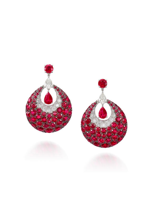 Bonhams : GRAFF A PAIR OF RUBY AND DIAMOND 'BOMBÉ' EARRINGS