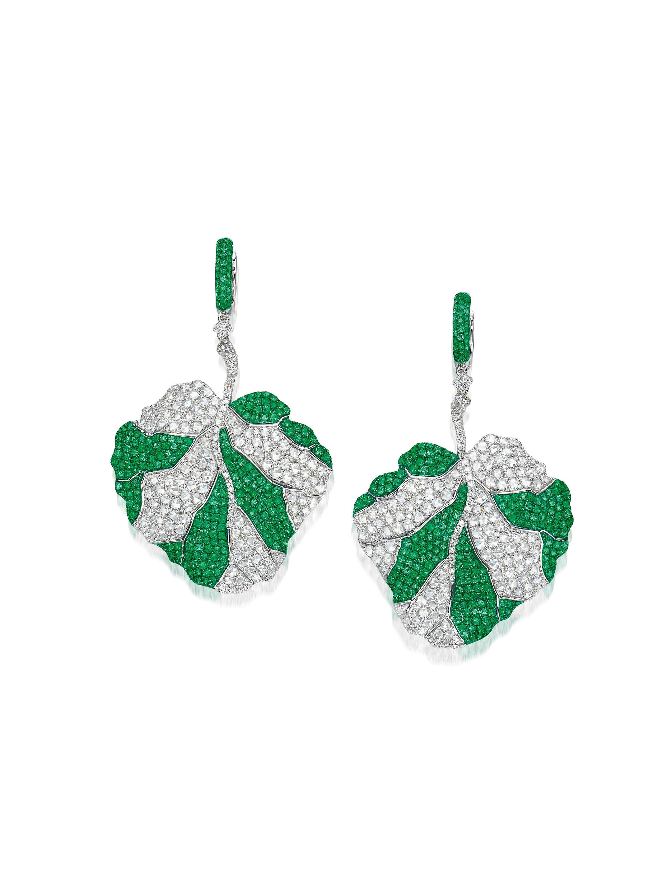 A PAIR OF EMERALD AND DIAMOND LEAF EARRINGS