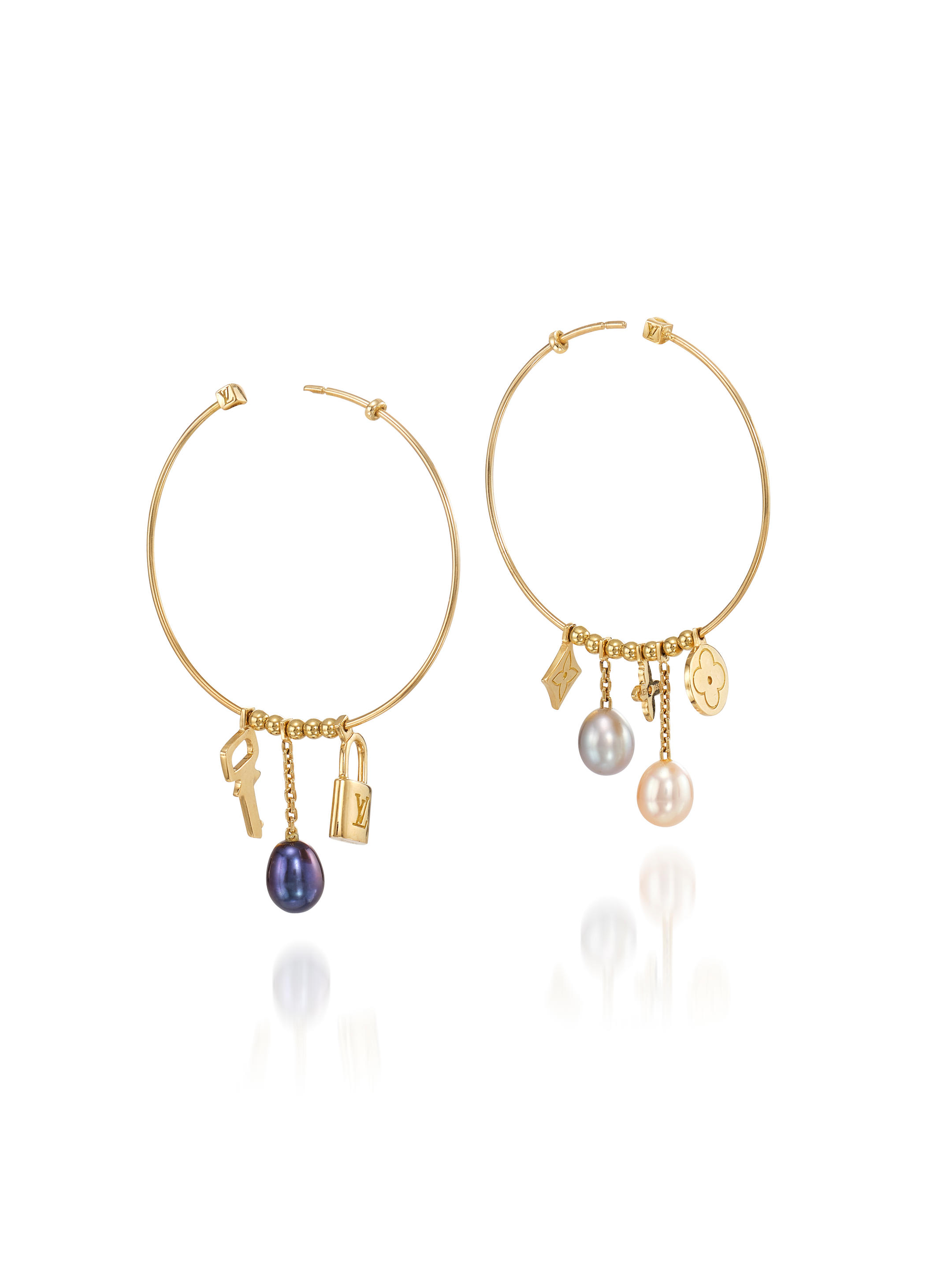 Louis Vuitton Monogram Charm Pearl Gold Hoop Earrings