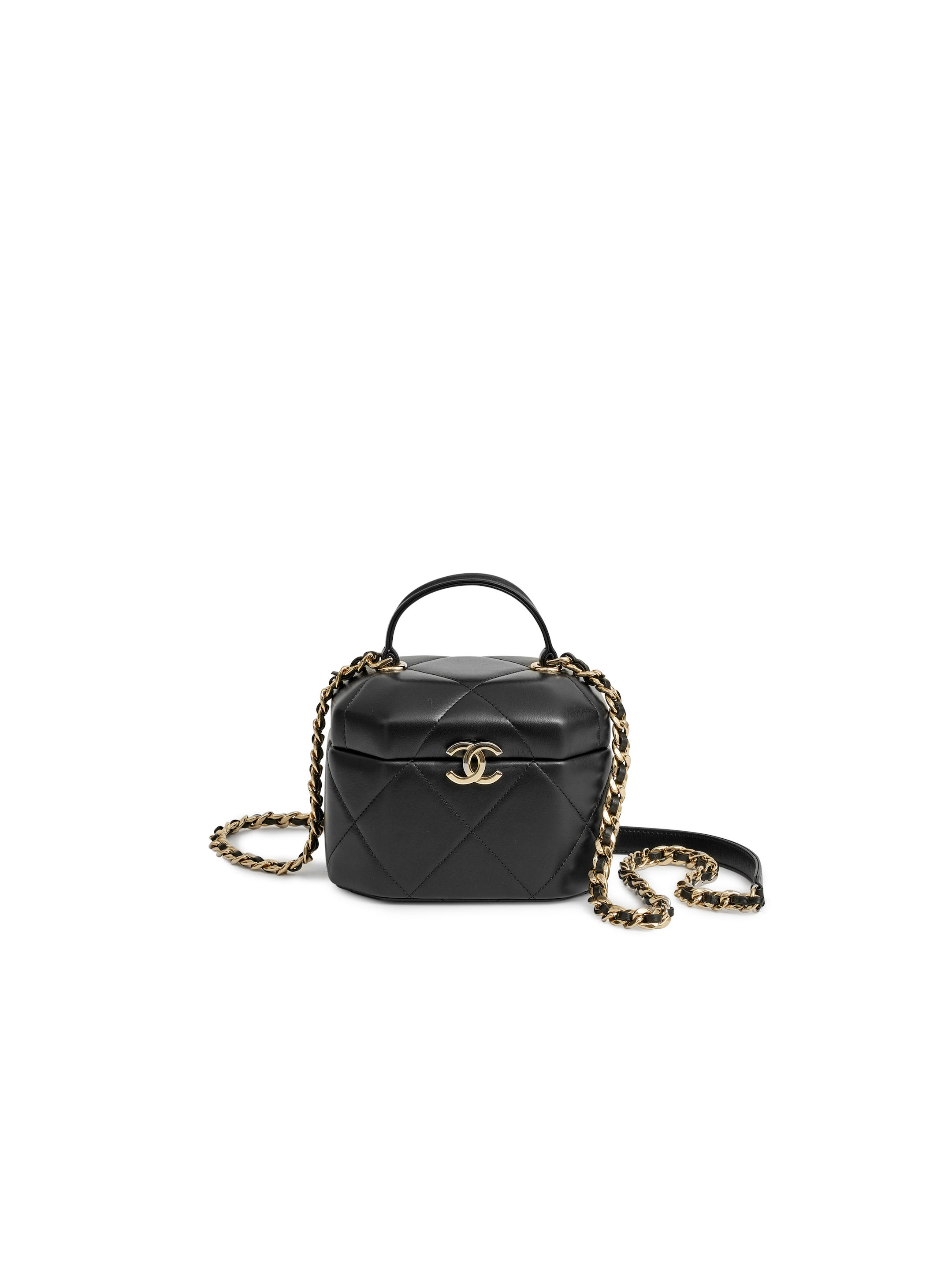 New Chanel 22A Black Lambskin Gold Chain Handle Vanity Case Mini  rectangular Bag Classic top handle, Women's Fashion, Bags & Wallets,  Cross-body Bags on Carousell
