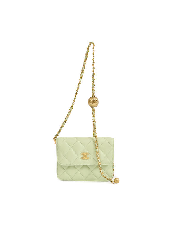 Bonhams : CHANEL MINT GREEN QUILTED LAMBSKIN PEARL CRUSH WALLET ON CHAIN  WITH GOLD HARDWARE (includes authenticity card, dust bag and original box)