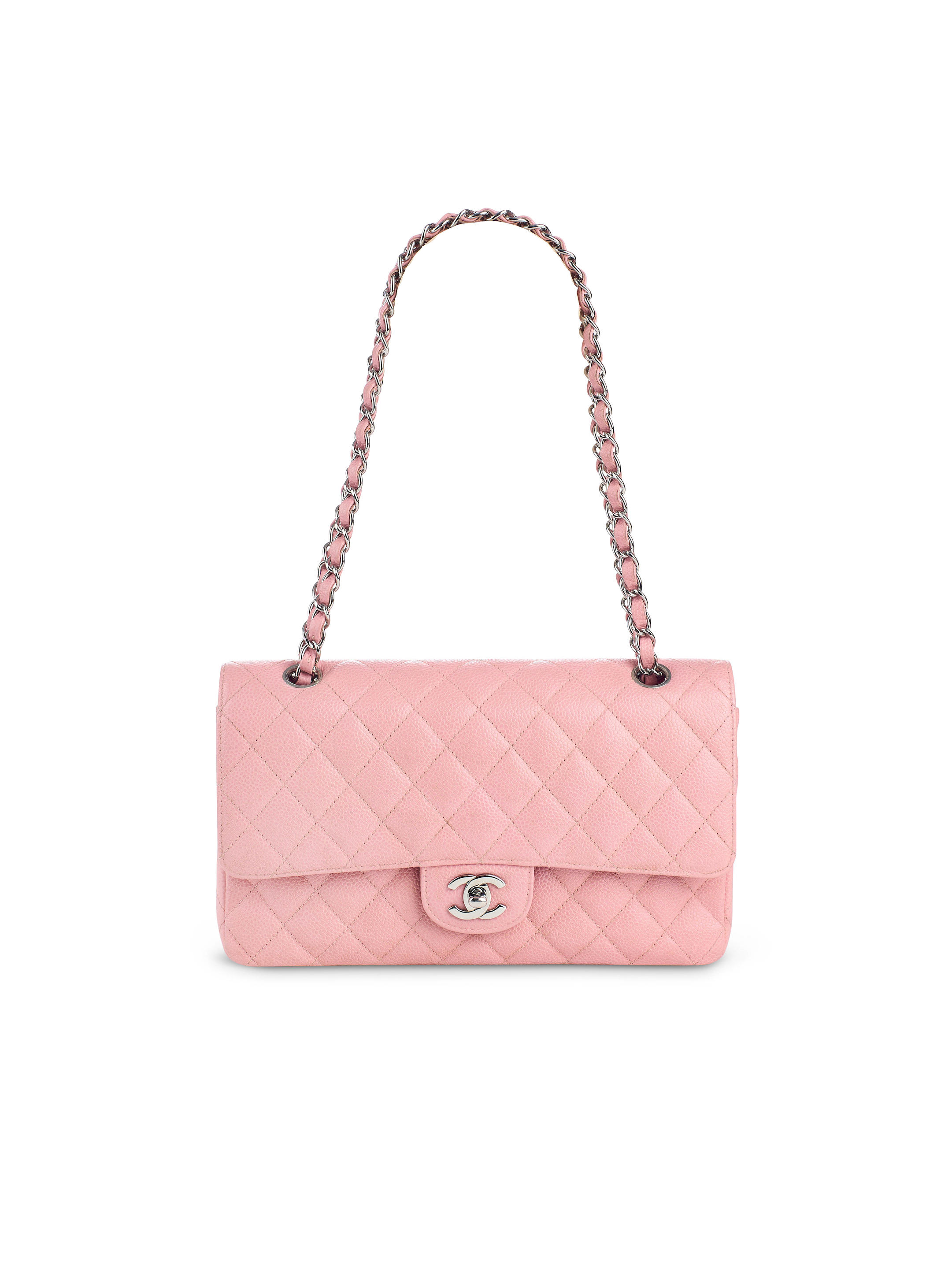 Bonhams : CHANEL PINK QUILTED CAVIAR LEATHER MEDIUM CLASSIC DOUBLE FLAP BAG  IN SILVER TONE HARDWARE (includes serial sticker, authenticity card, original  dust bag)