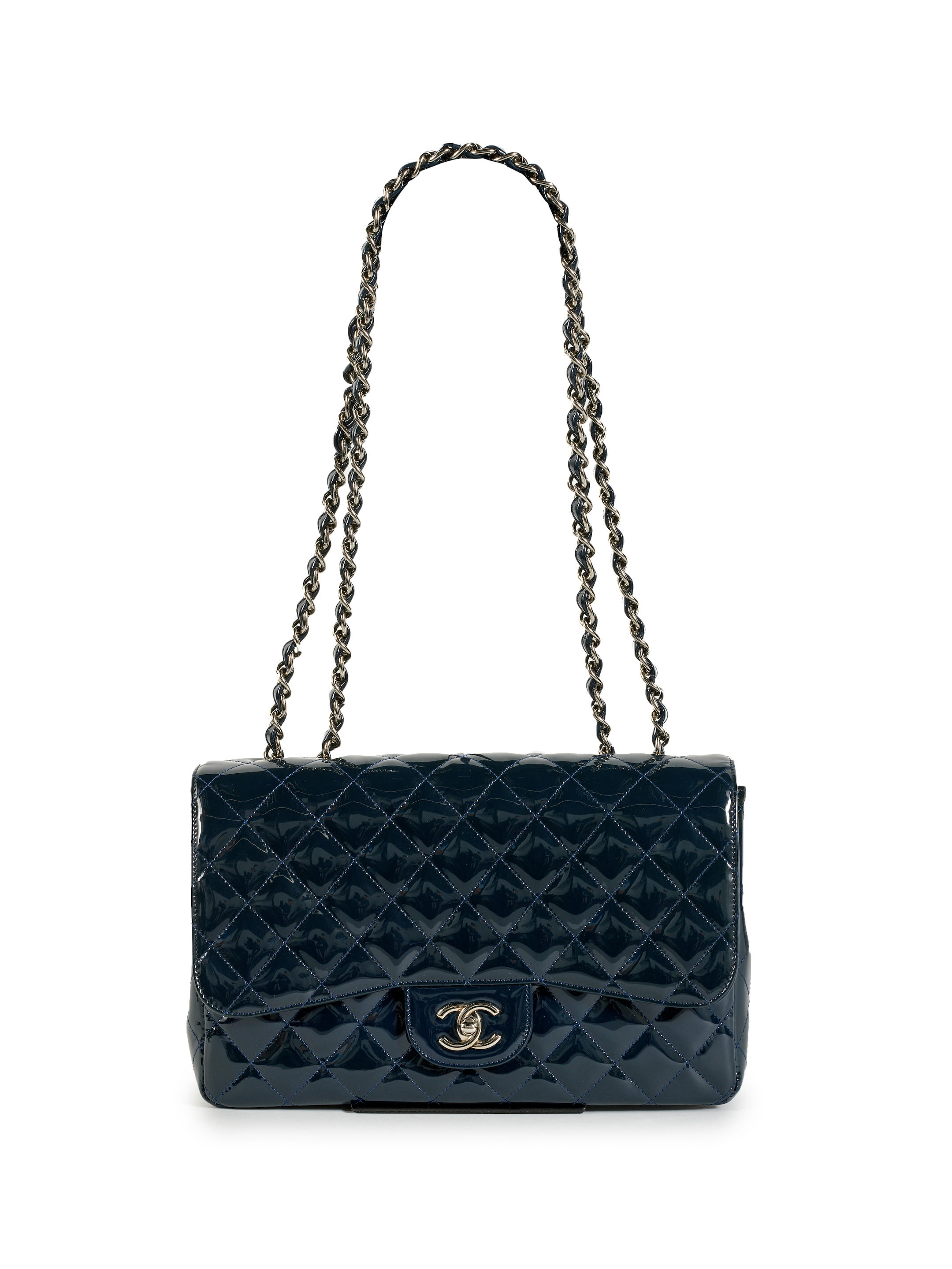 Bonhams : CHANEL DARK BLUE PATENT JUMBO CLASSIC FLAP BAG WITH