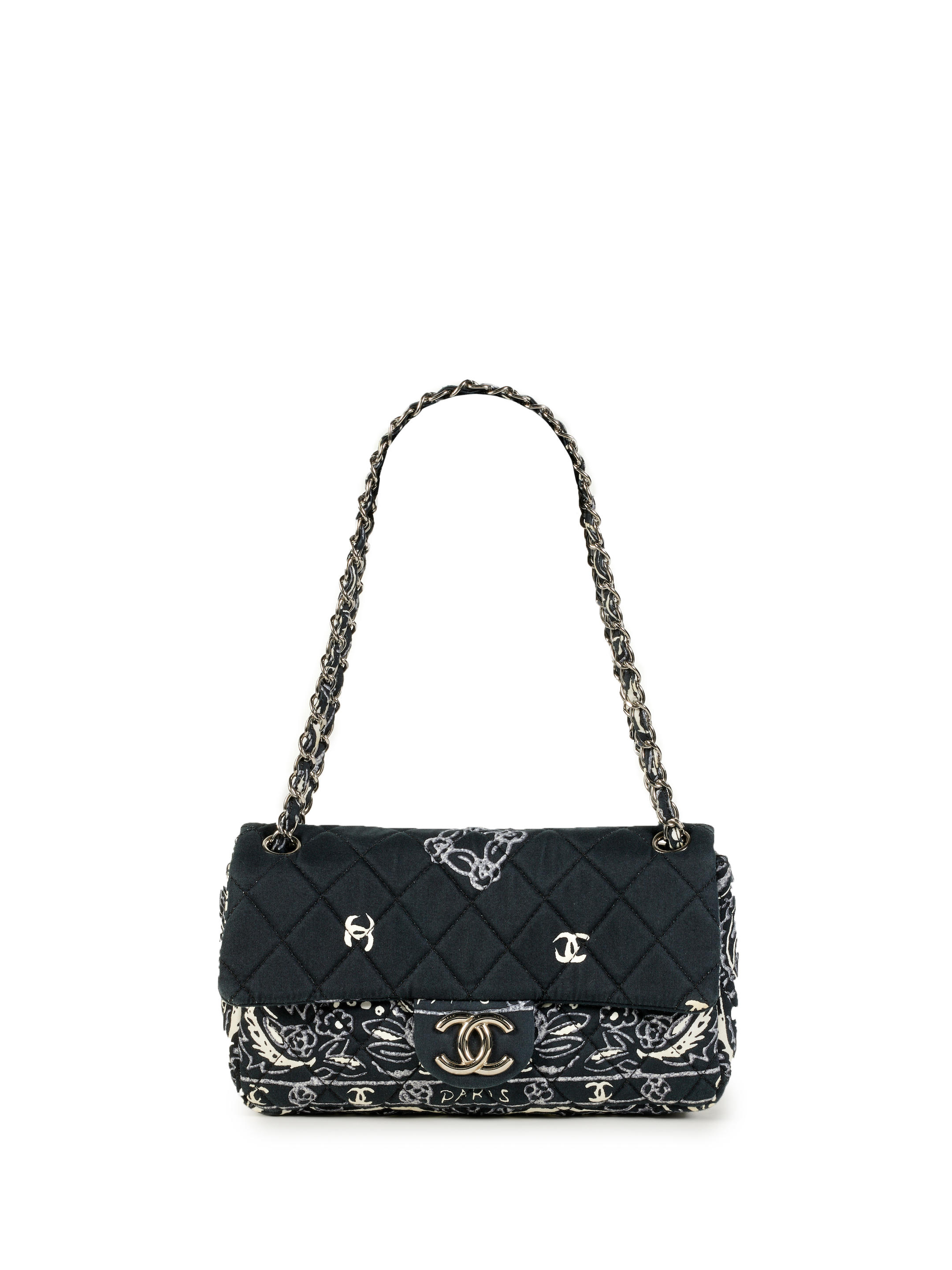 Bonhams : CHANEL BLACK AND WHITE FLORAL PRINT QUILTED CLASSIC FLAP