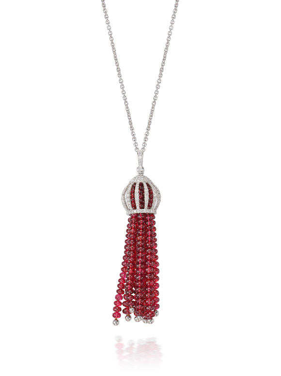 Bonhams : A SPINEL BEAD AND DIAMOND TASSEL PENDANT NECKLACE