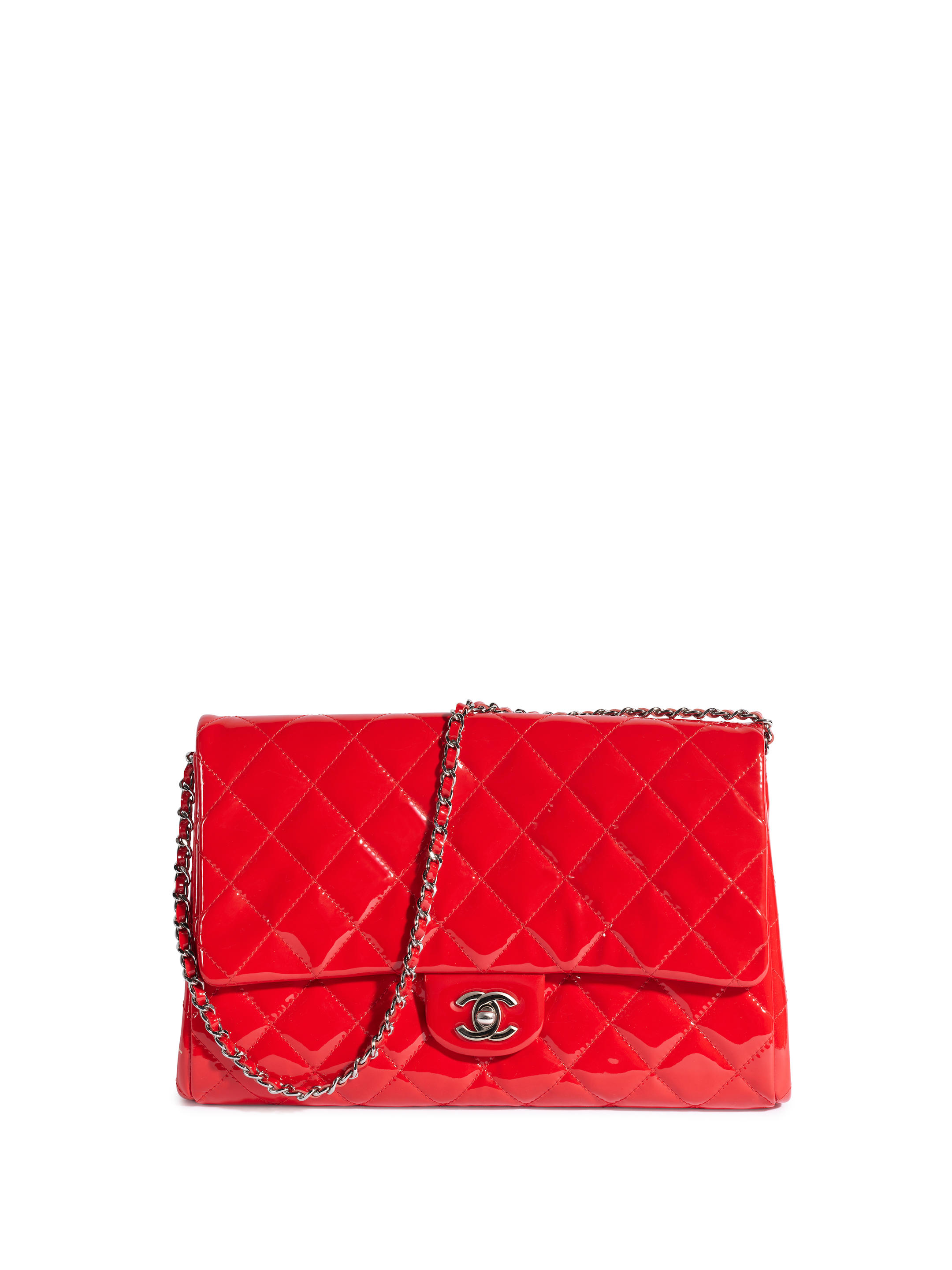 Bonhams : CHANEL RED QUILTED PATENT CLUTCH ON CHAIN IN SILVER TONED CHAIN  (includes serial sticker, original dust bag)