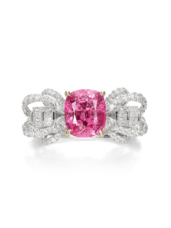 Bonhams : PINK SPINEL AND DIAMOND 'RIBBON' RING