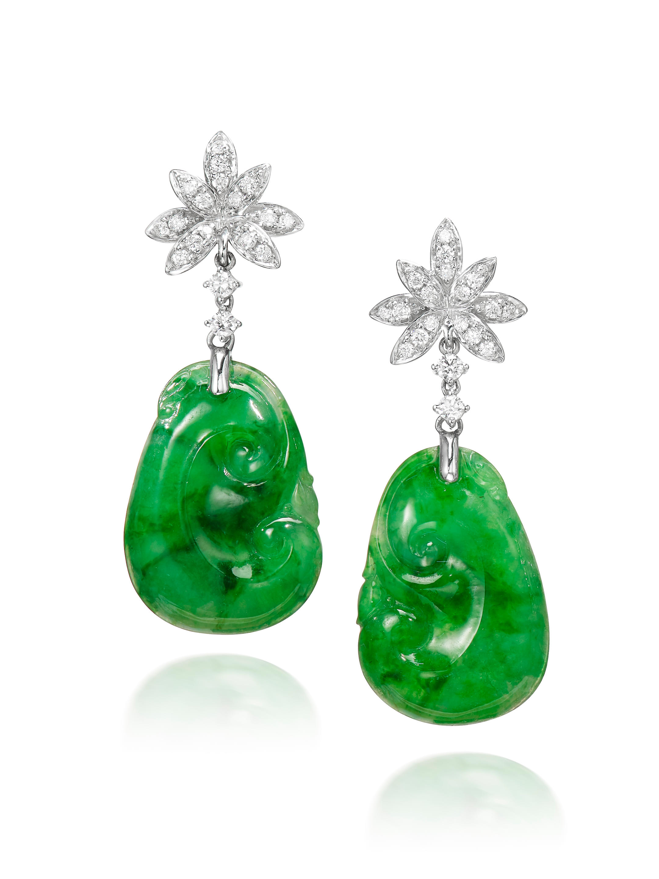 Bonhams : PAIR OF JADEITE 'RUYI' AND DIAMOND EARRINGS