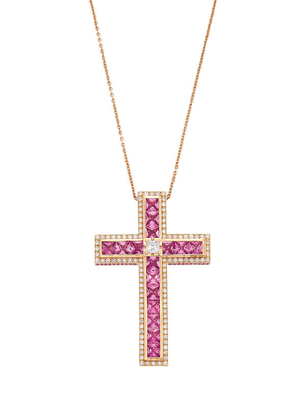 Cellini 18 Karat Gold, 10.28 Carat Pink Sapphire and 4.29 Carat Diamond  Necklace