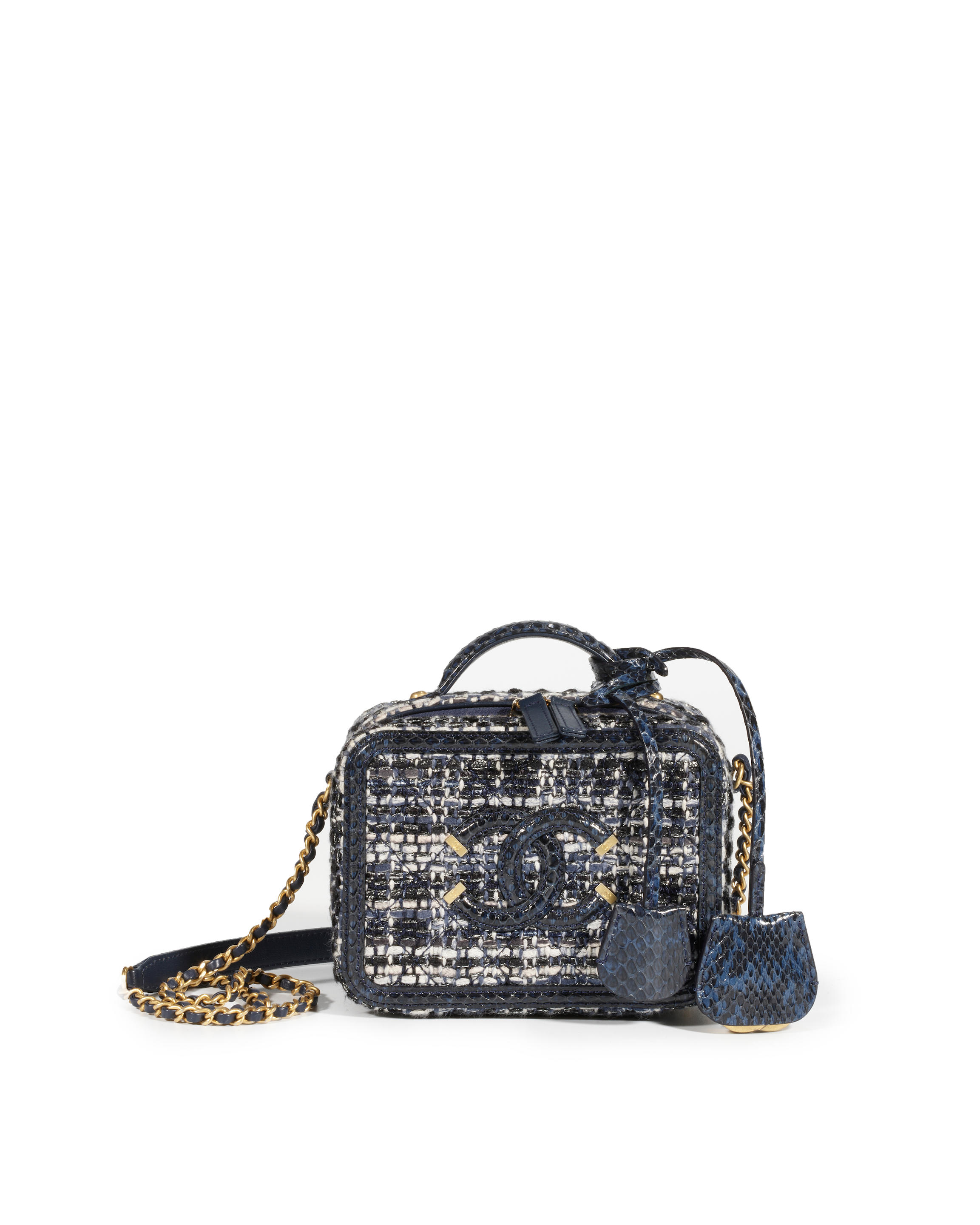 Chanel Small Tweed Snakeskin Quilted CC Filigree Vanity Case Navy Mult –  Its A Luv Story