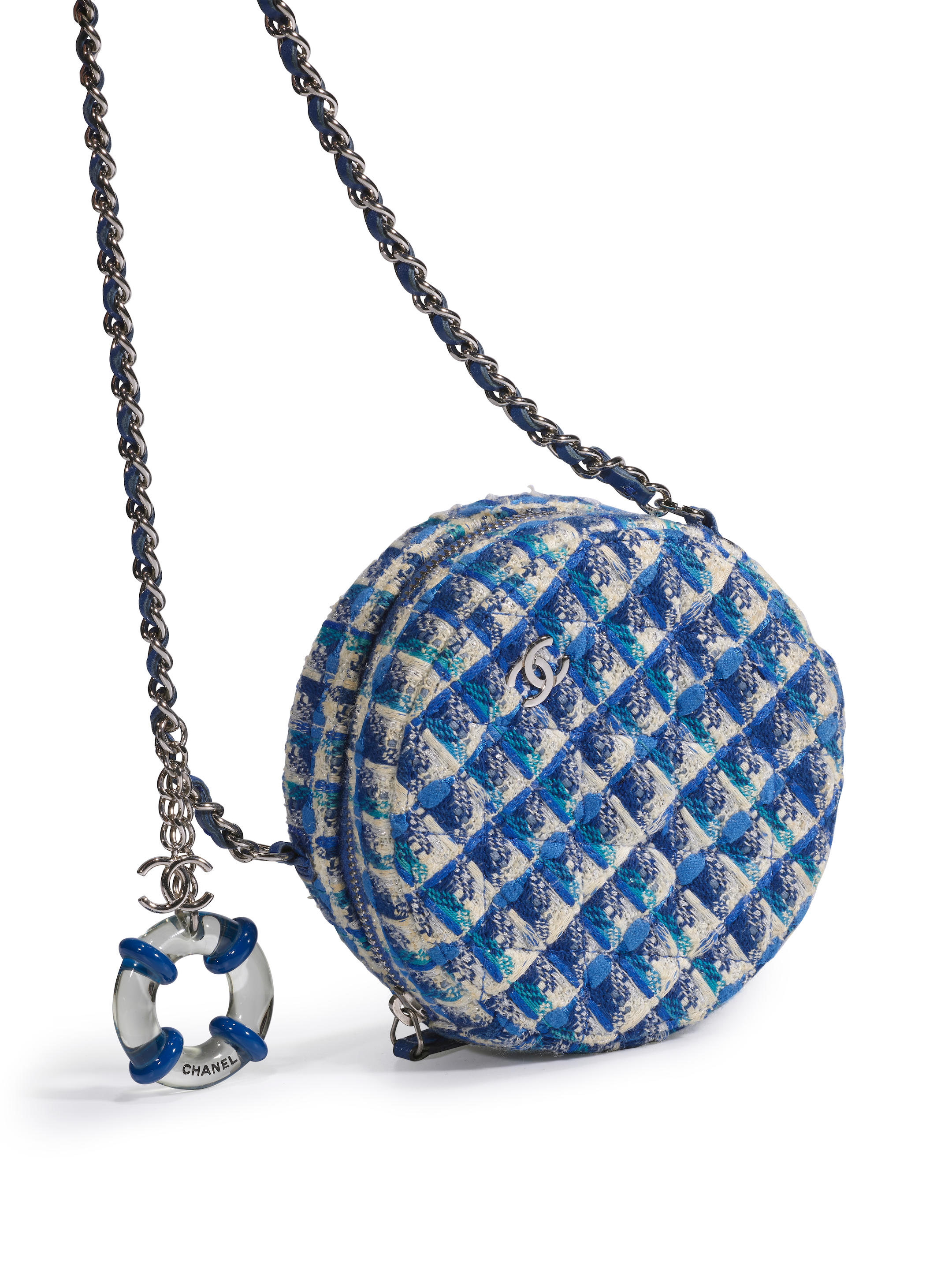 Bonhams : CHANEL BLUE QUILTED TWEED LIFESAVER ROUND CLUTCH WITH SILVER  TONED CHAIN (Includes original dust bag)