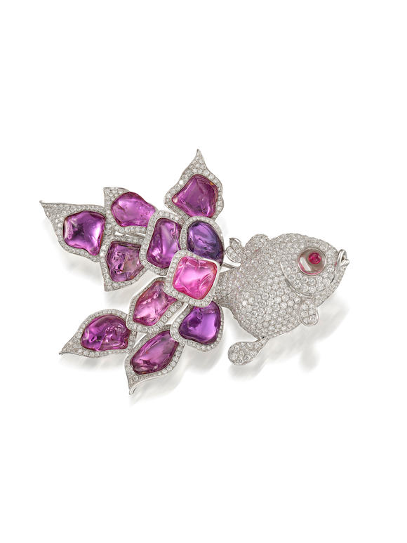 Bonhams : GEM-SET, COLOURED SAPPHIRE AND DIAMOND 'GOLDFISH' BROOCH