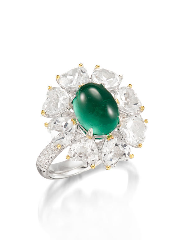 Bonhams : EMERALD, COLOURLESS TOPAZ AND DIAMOND RING