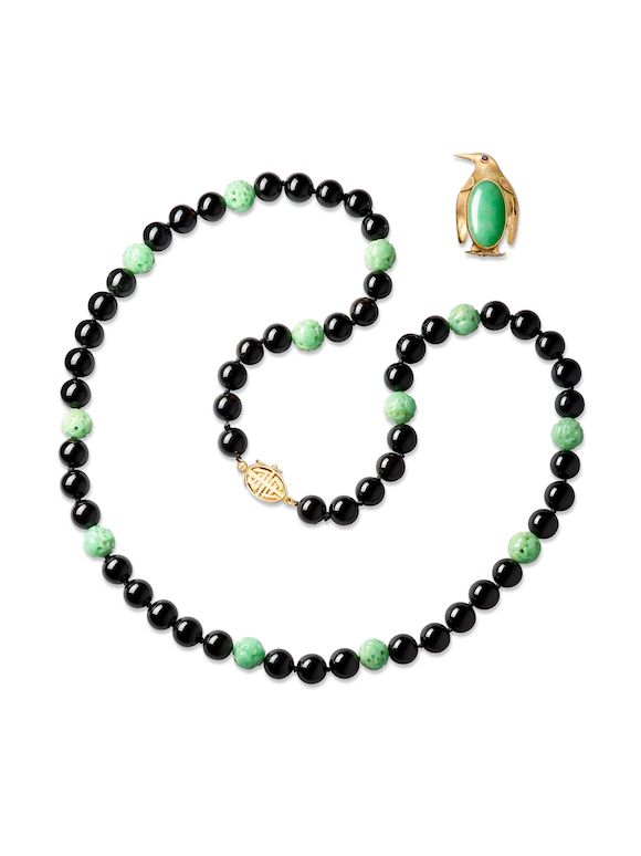 Bonhams JADEITE AND BLACK HARDSTONE NECKLACE, AND JADEITE AND GEMSET