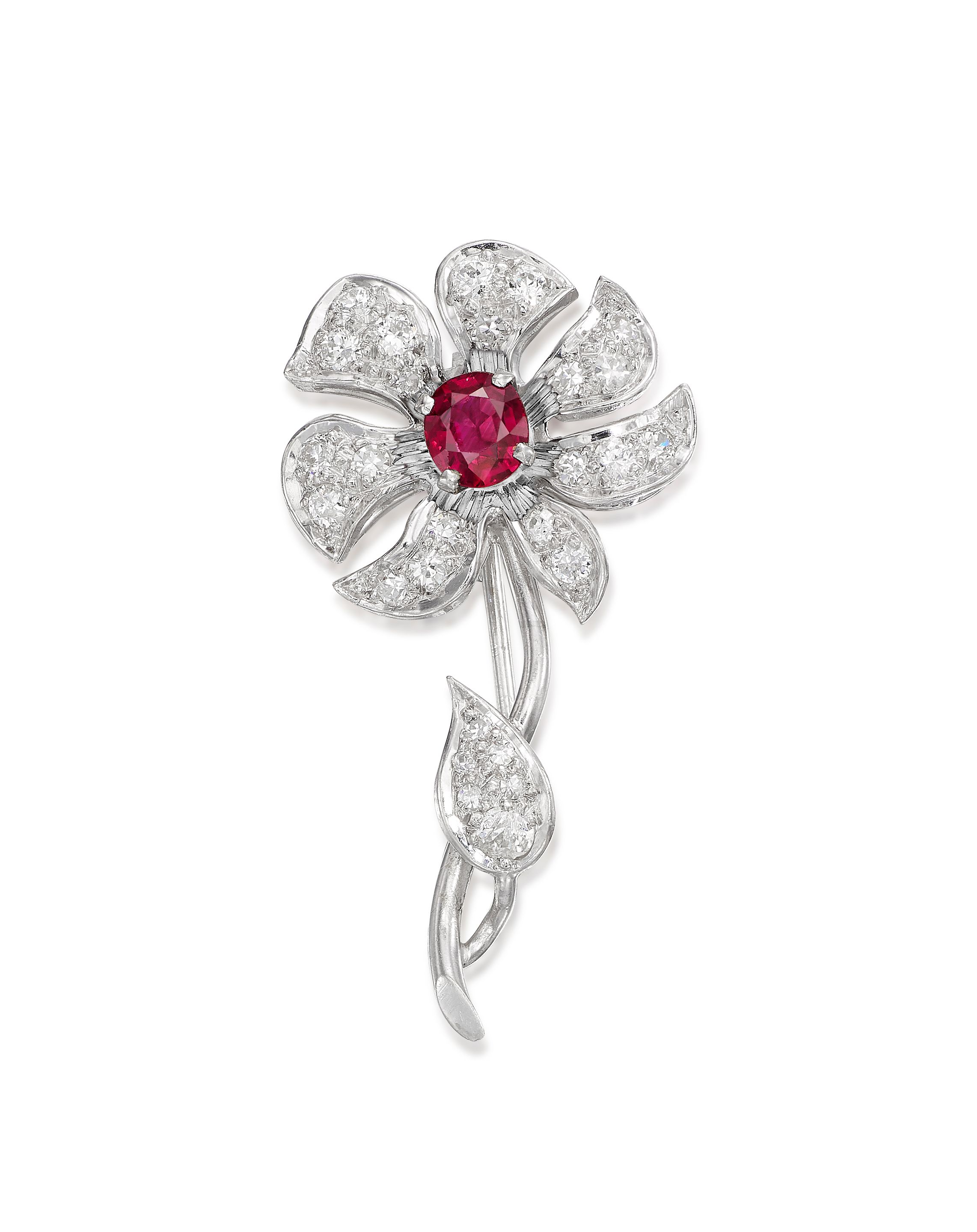 RUBY AND DIAMOND 'FLOWER' BROOCH