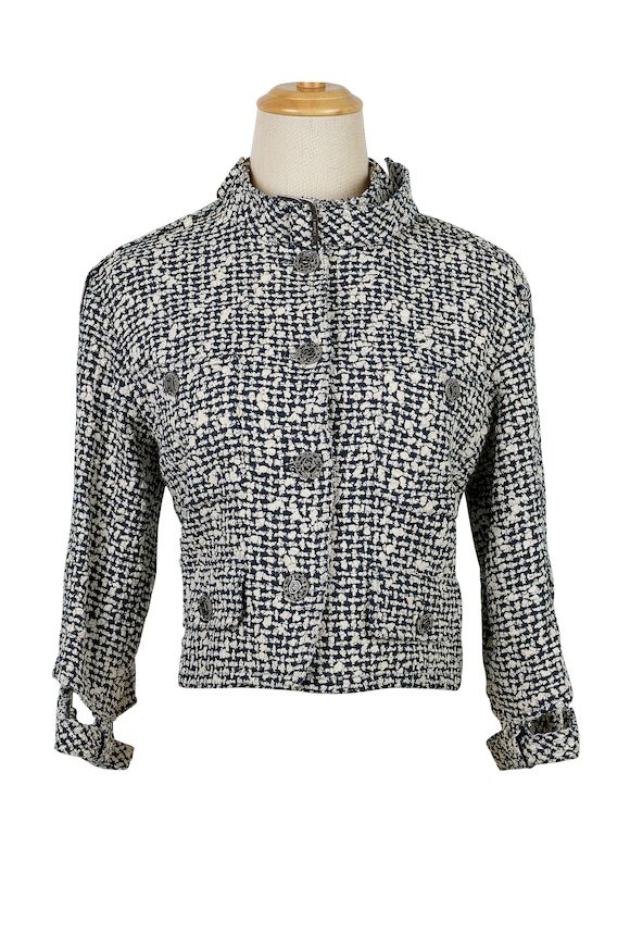 Chanel Black & White Striped Tweed Jacket With Scalloped Collar