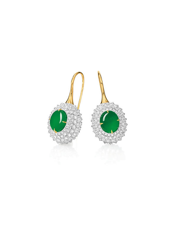 Bonhams : PAIR OF JADEITE AND DIAMOND 'DURIAN' PENDENT EARRINGS