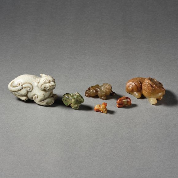 Bonhams : A GROUP OF SIX JADE AND STONE CARVINGS OF MYTHICAL BEAST Song ...