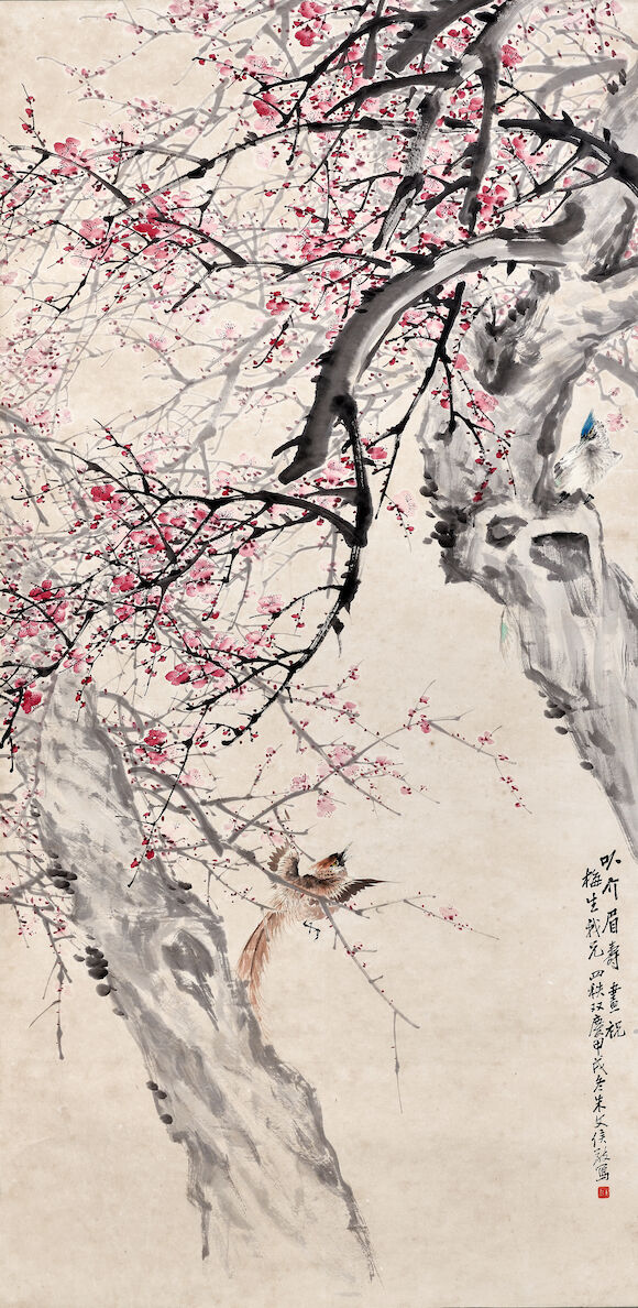 Bonhams : ZHU WENHOU (1895-1961) Plum Blossoms and Birds, 1934