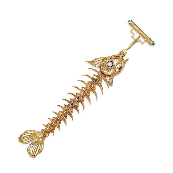 Bonhams : GEM-SET, ENAMEL AND GOLD 'FISH BONE' LAPEL PIN