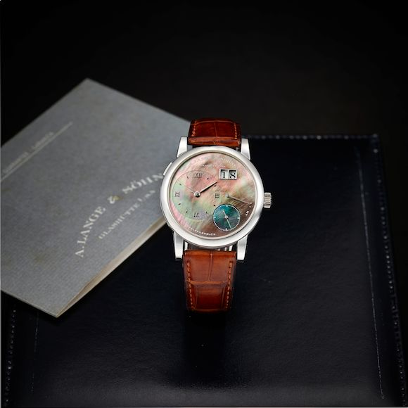 Bonhams : A.LANGE & SHNE | LANGE 1 SOIRE, REF.110.041, A SUPER RARE LIMITED PRODUCTION PLATINUM WRISTWATCH WITH TAHITIAN MOTHER-OF-PEARL DIAL AND DATE, CIRCA 2003