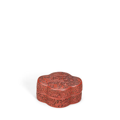 A SMALL CARVED CINNABAR LACQUER 'FIGURAL' LOBED BOX AND COVER Late Ming Dynasty (3)